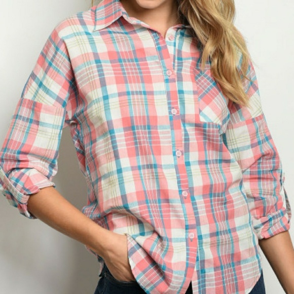 ROLYPOLY Peach Blue Checkered Chambray Top - Picture 2 of 3